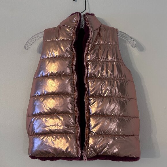 Girls Reversible Vest Burgundy Faux Fur / Gold M - Picture 4 of 5